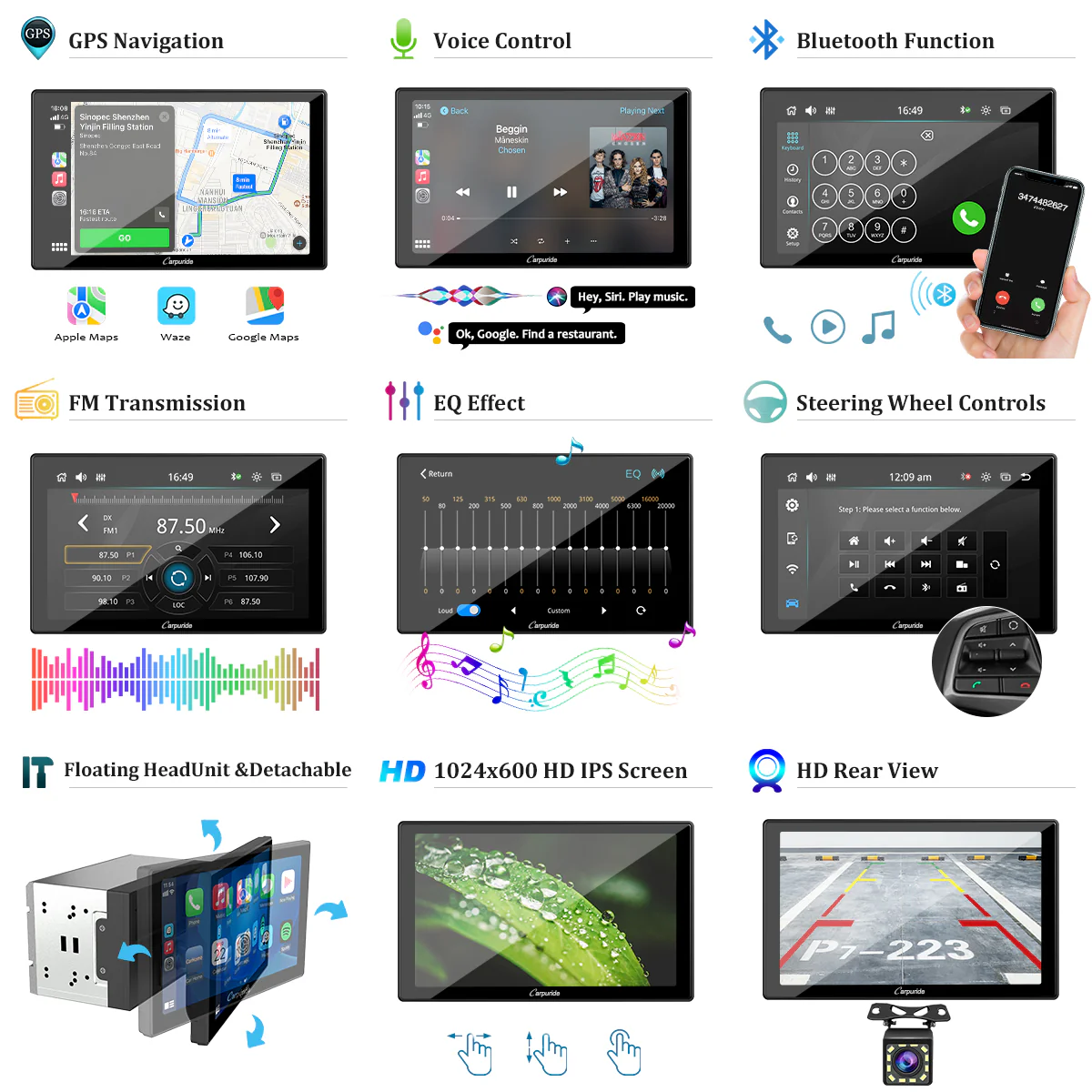 CARPURIDE YT09S Double Din Car Stereo with Wireless Apple CarPlay&Android Auto,9" IPS Touch Screen, GPS Navigation, BT, USB, FM, Rear Camera, SWC - Image 7